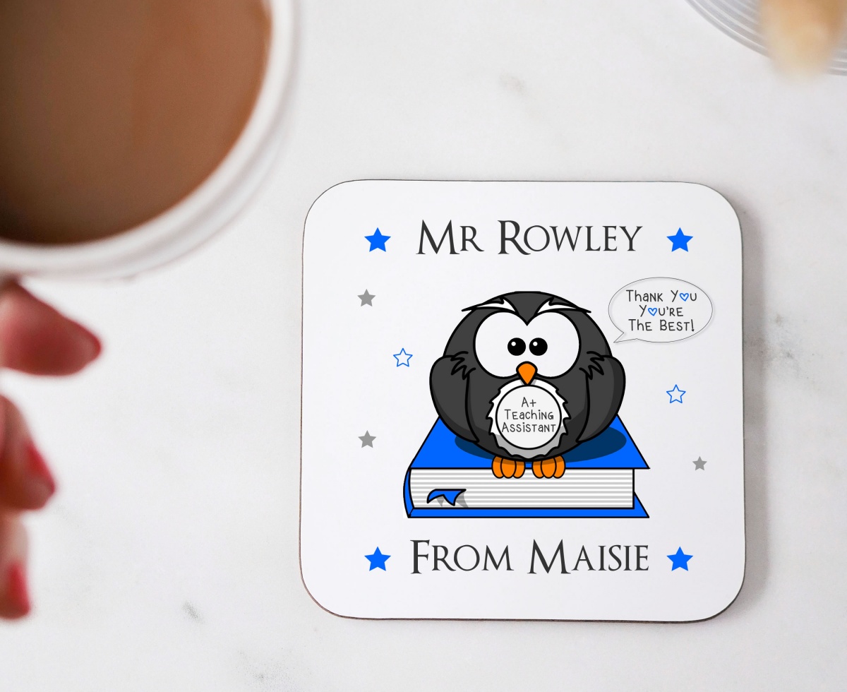 Personalised Blue Owl Thank You Teaching Assistant Gift Wooden Coaster